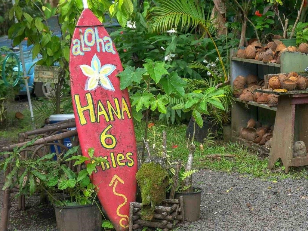 A surfboard of vintage make was available for sale at a stall located along the path to Hana, Maui.